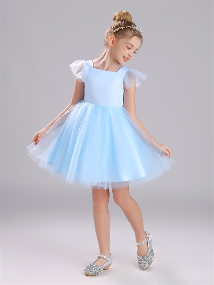 Cap Sleeves Scoop Tulle Knielang Satin Blumenmädchen Kleid