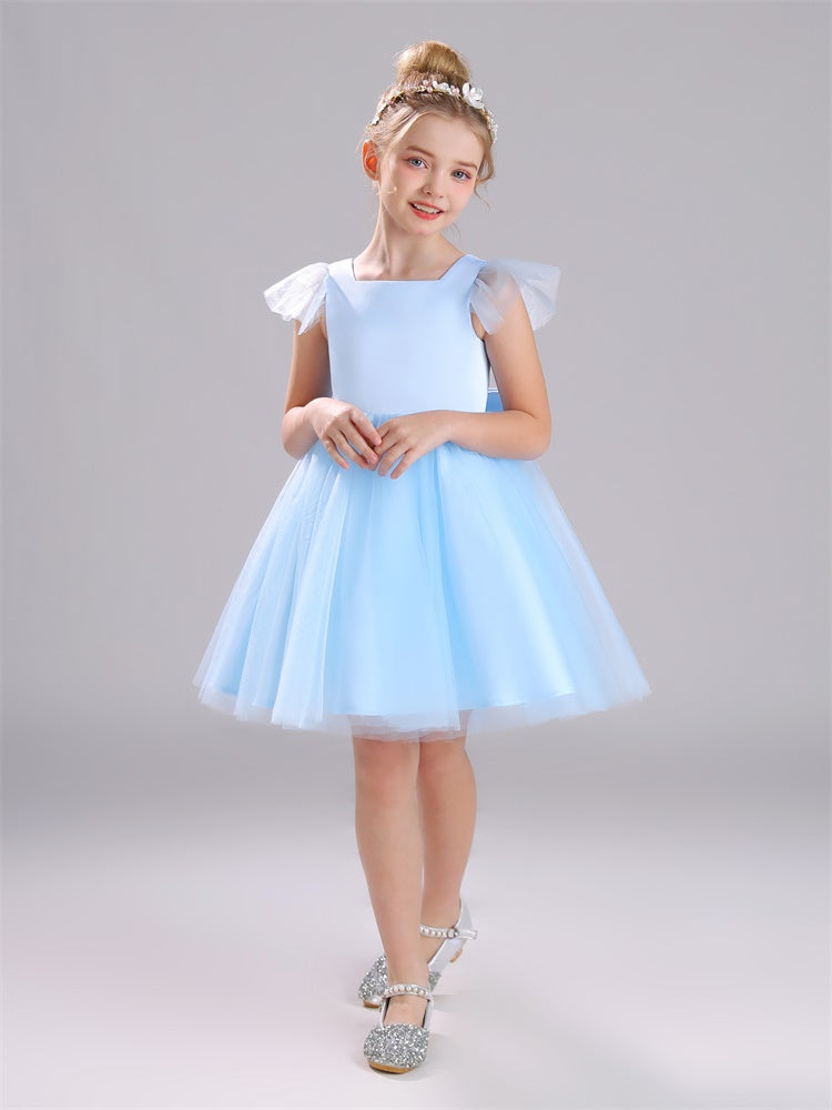 Cap Sleeves Scoop Tulle Knielang Satin Blumenmädchen Kleid