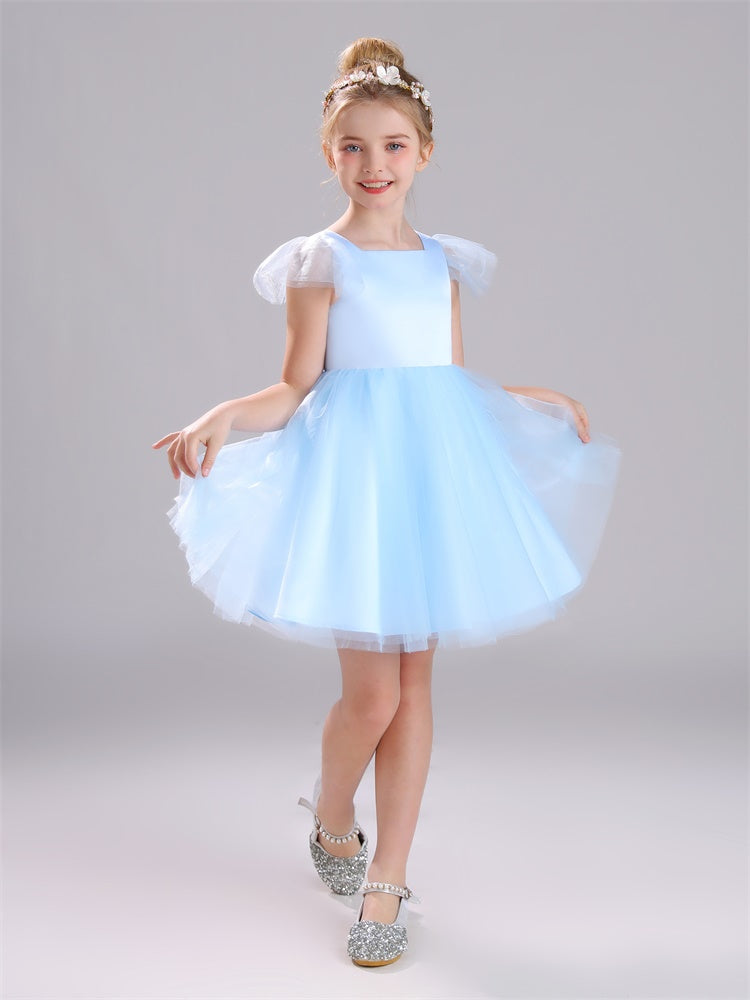 Cap Sleeves Scoop Tulle Knielang Satin Blumenmädchen Kleid