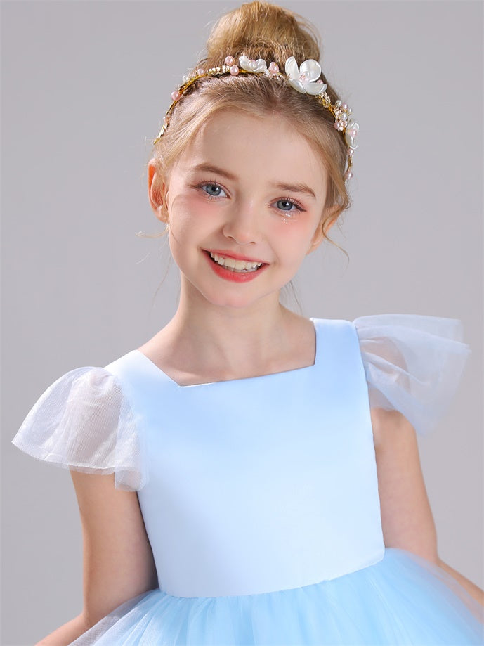 Cap Sleeves Scoop Tulle Knielang Satin Blumenmädchen Kleid