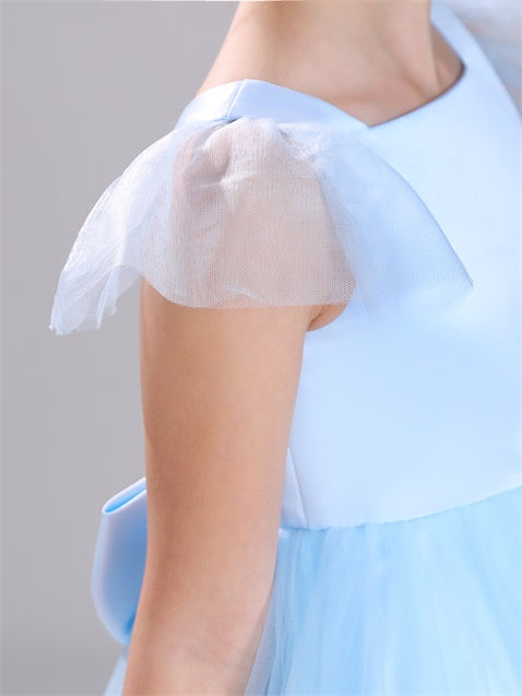 Cap Sleeves Scoop Tulle Knielang Satin Blumenmädchen Kleid