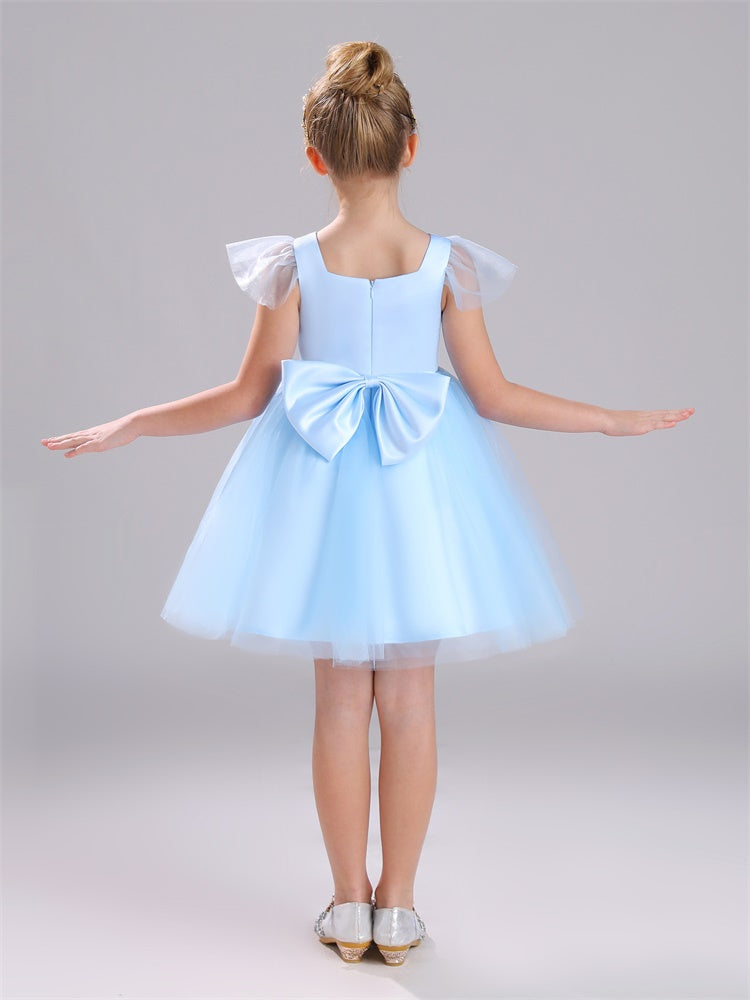 Cap Sleeves Scoop Tulle Knielang Satin Blumenmädchen Kleid