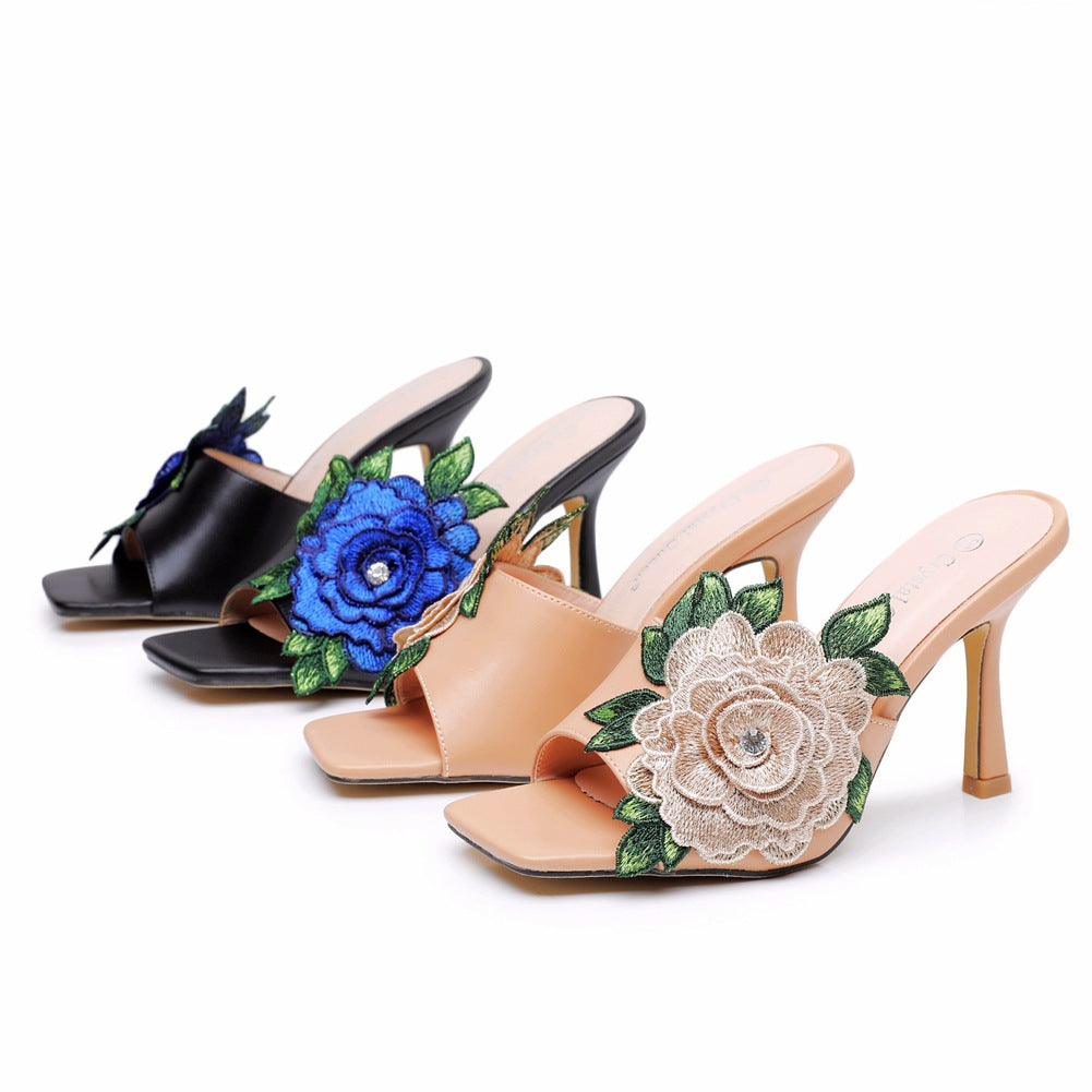 Embroidered Flower Square Toe Fish Mouth High Heeled Sandal Slippers