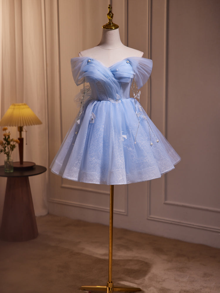 Blaue Fee schulterfrei Spitze Kurzes Ballkleid