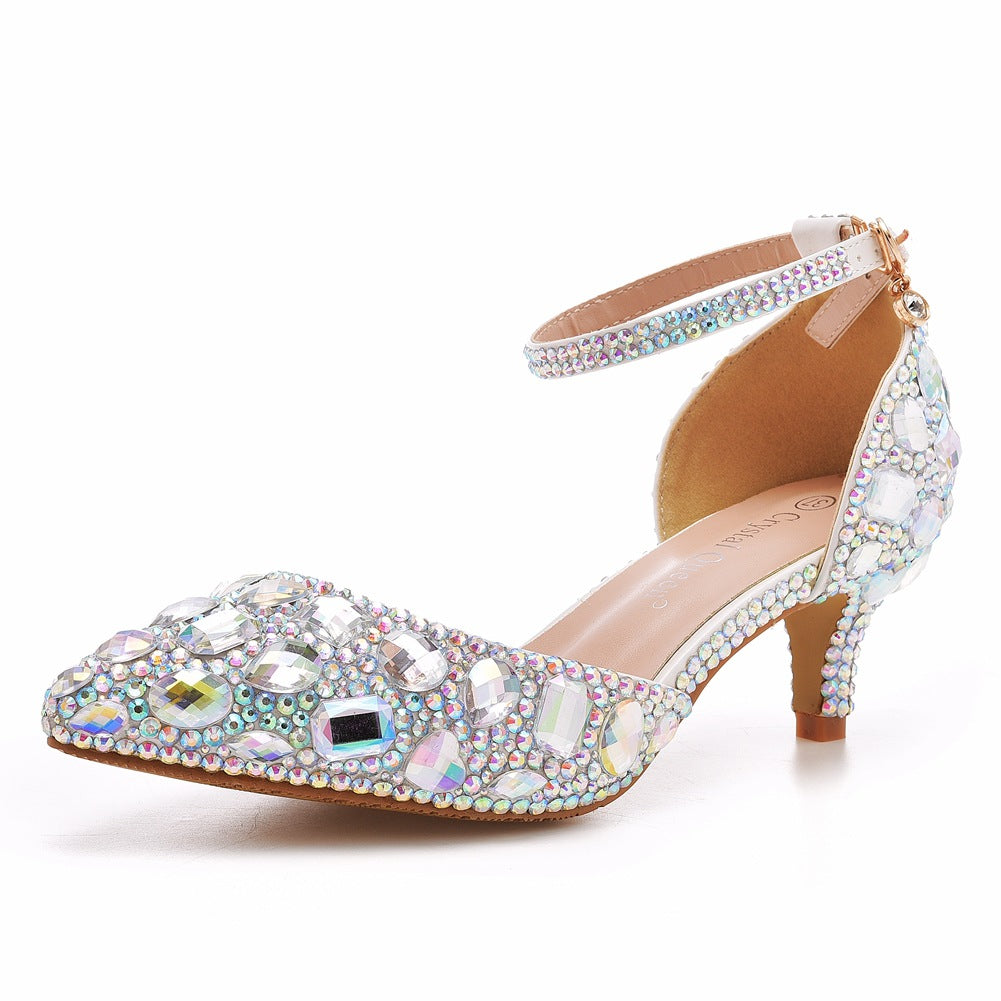 Spitze Zehen Kristalldiamant Knöchelriemen Kitten Heels