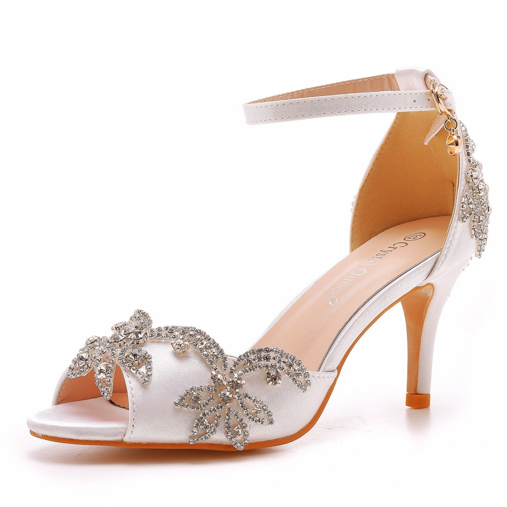 Peep Toe Satin Strass Knöchelriemen High Heels