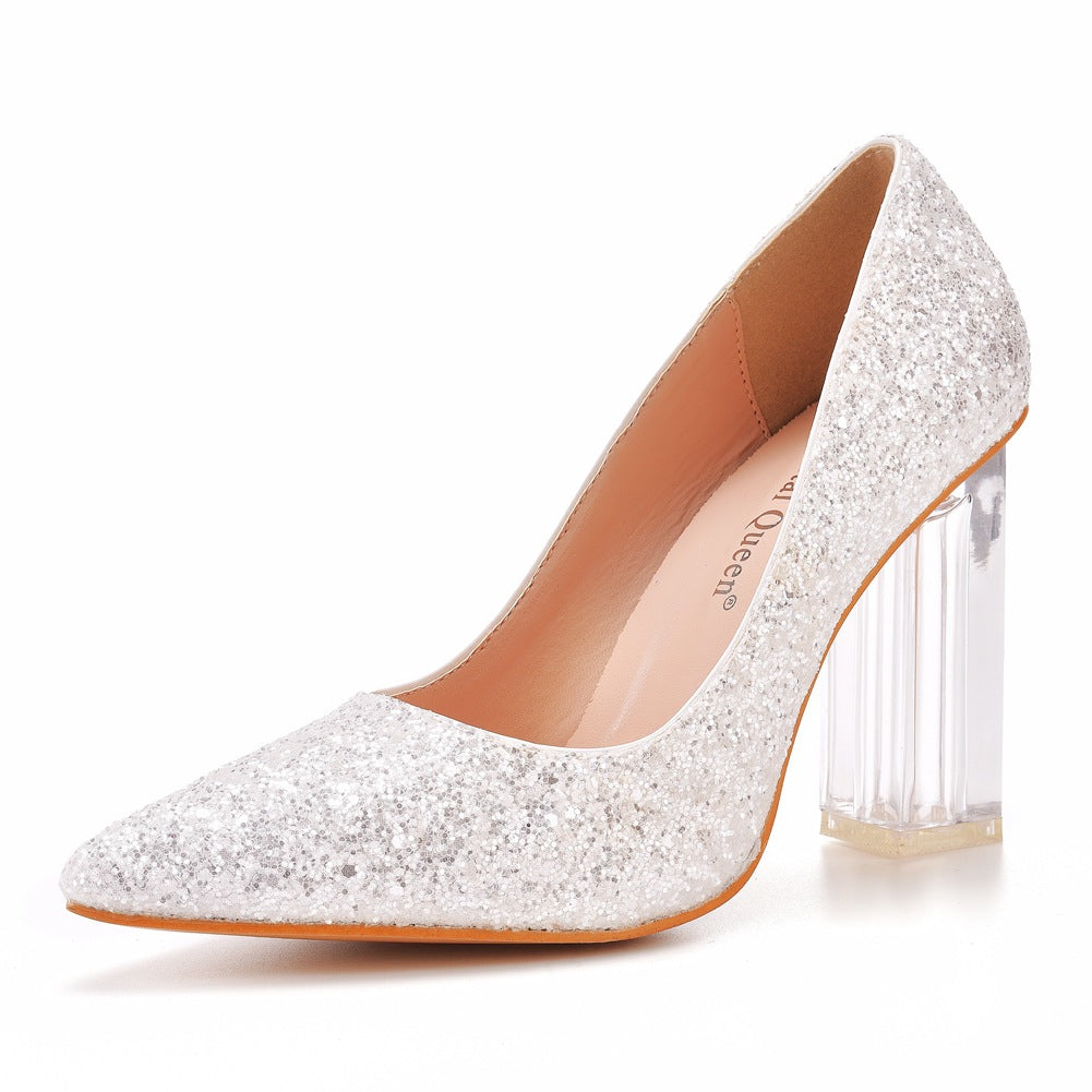 Spitz zulaufende Satin Kristall Transparent Slip On High Heels