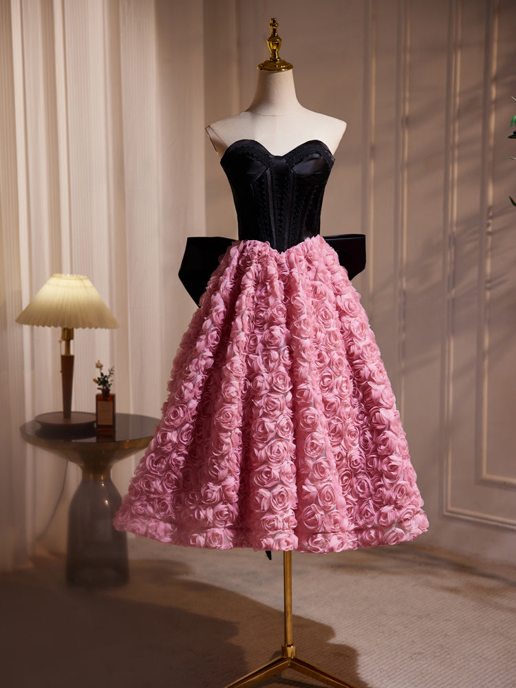 Hepburn Style Schwarz Rosa Midi Lang Fliege Blume Abendkleider