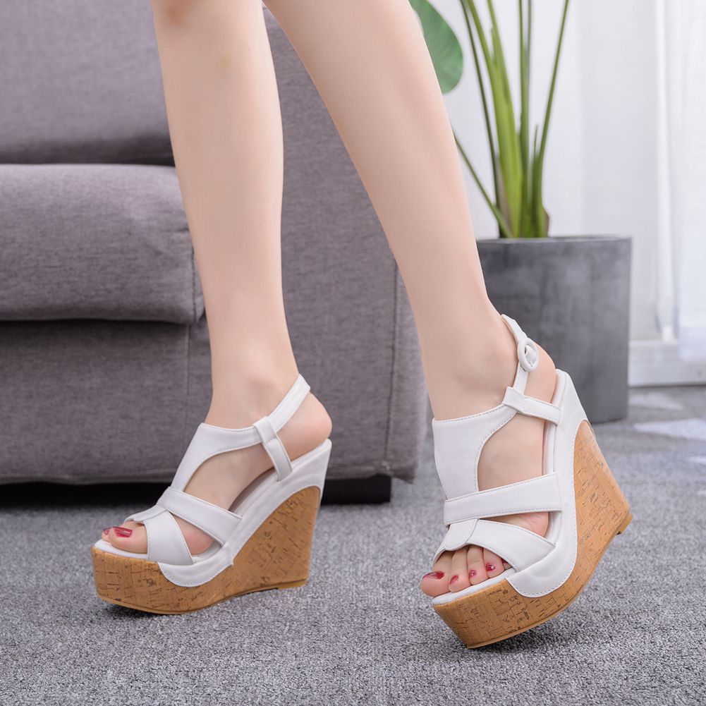 Wildleder-Holzmaserung Peeptoe-Plateau-Wedges-Sandalen