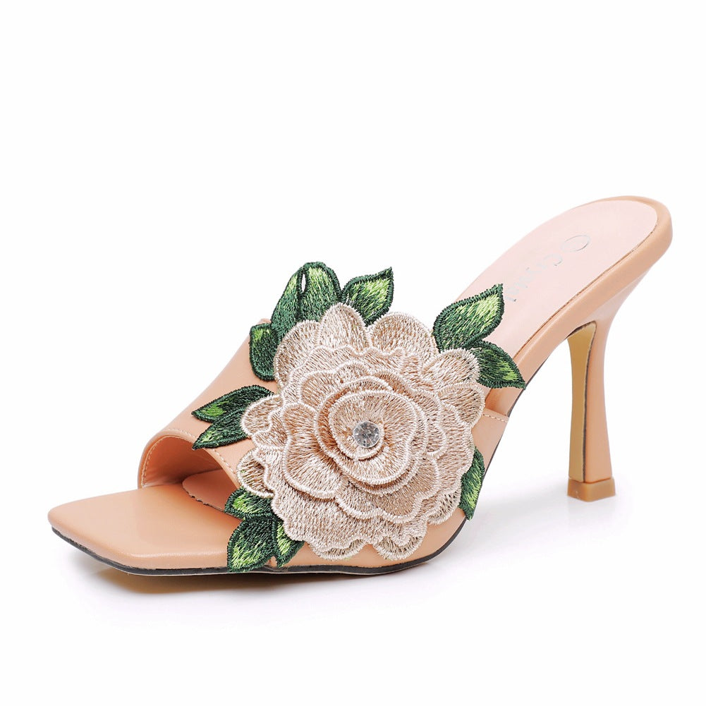 Embroidered Flower Square Toe Fish Mouth High Heeled Sandal Slippers