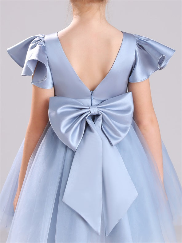 Rüschen Kappe Ärmel V-Rücken Tüll knielang Satin Blumenmädchen Kleid