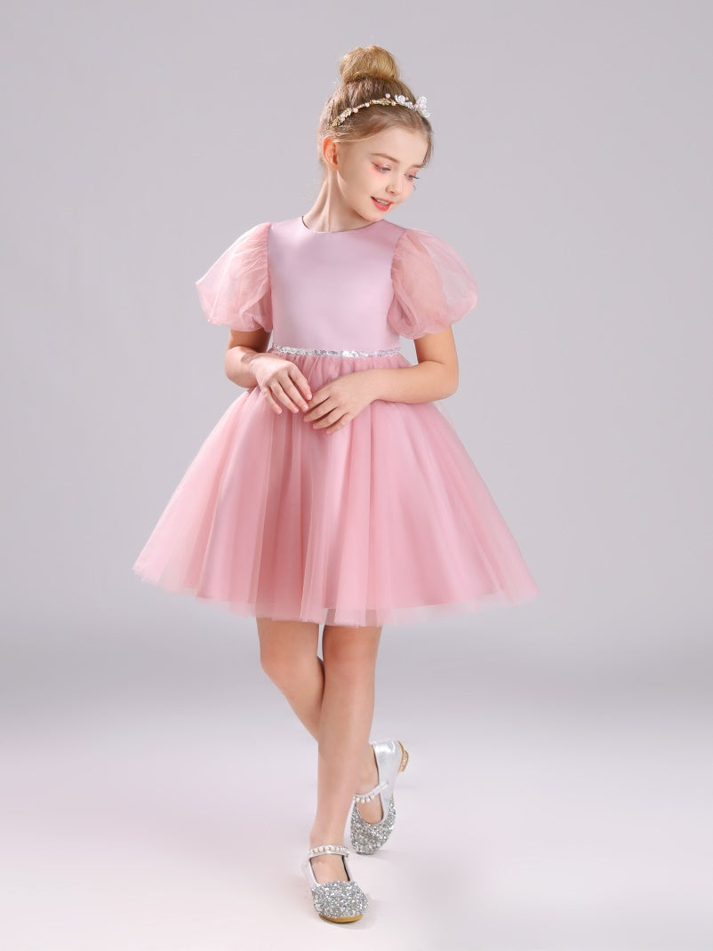 A-Linie Juwel Ärmel Tüll knielang Satin Blumenmädchen Kleid