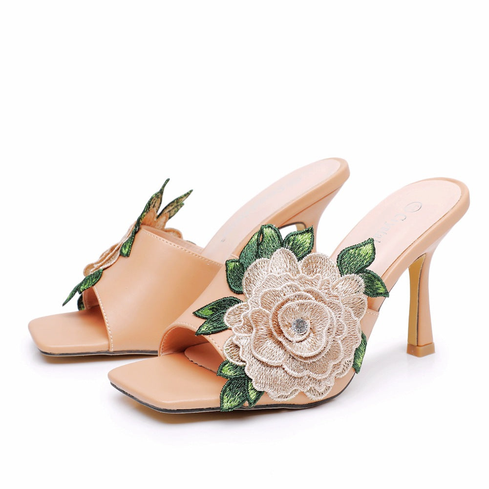 Embroidered Flower Square Toe Fish Mouth High Heeled Sandal Slippers