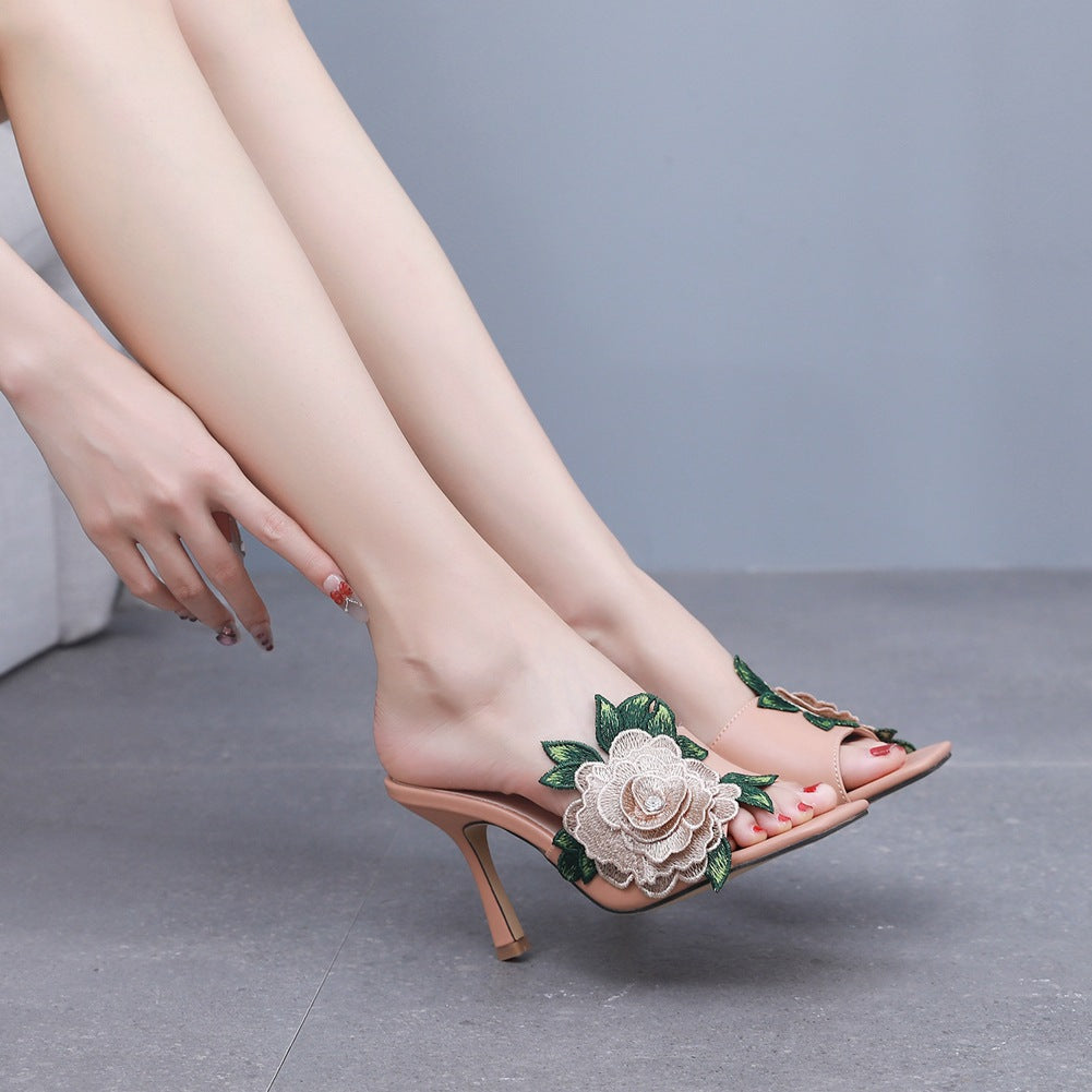 Embroidered Flower Square Toe Fish Mouth High Heeled Sandal Slippers