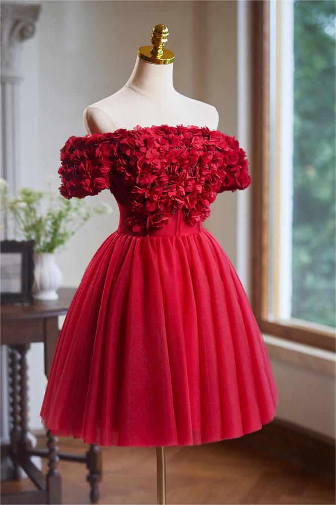 Schulterfreies Blumenmusterkleid aus Tüll Kurzes Ballkleid