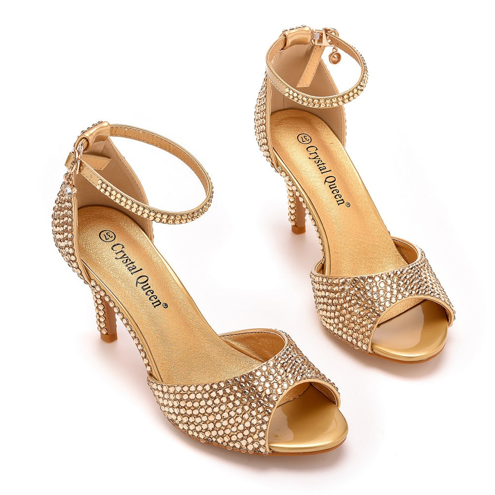 Strass Flache Peeptoe-Knöchelriemen-High-Heel-Sandalen