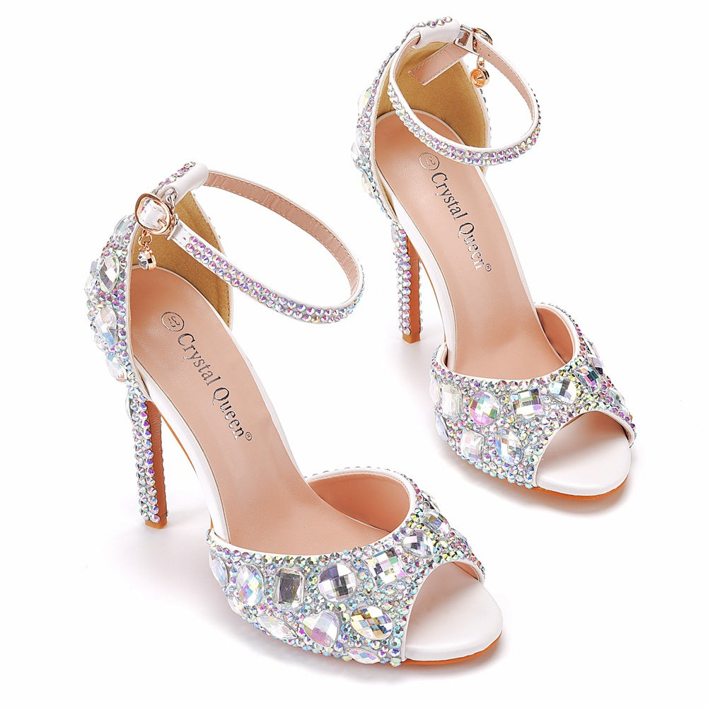 Peep Toe Große Farbige Strass Knöchelriemen Stiletto Absätze