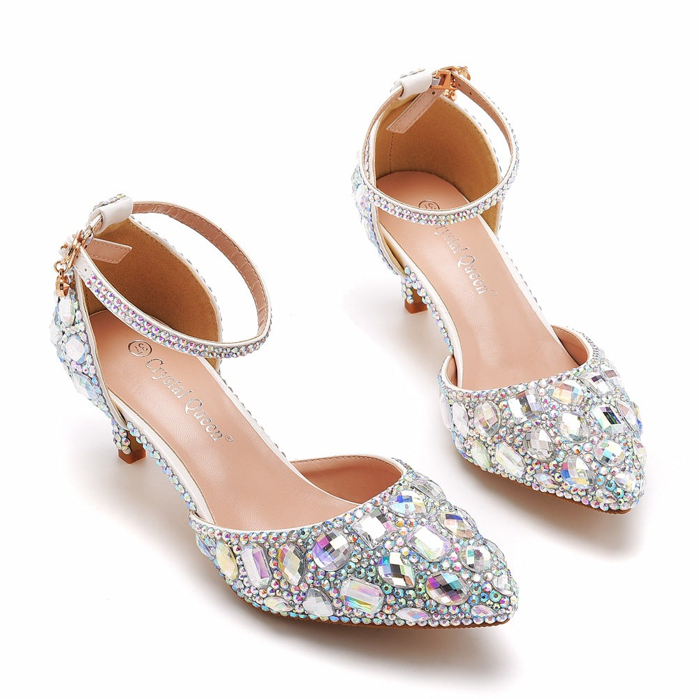 Spitze Zehen Kristalldiamant Knöchelriemen Kitten Heels