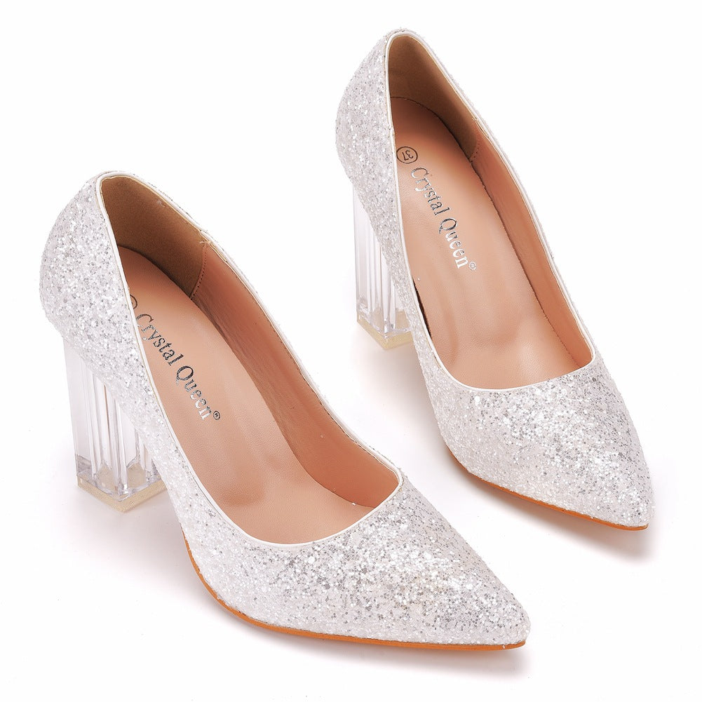 Spitz zulaufende Satin Kristall Transparent Slip On High Heels