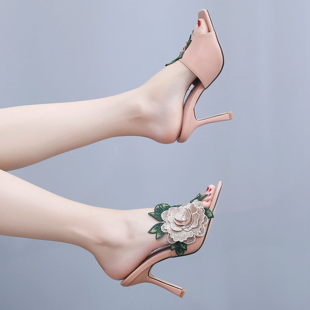 Embroidered Flower Square Toe Fish Mouth High Heeled Sandal Slippers