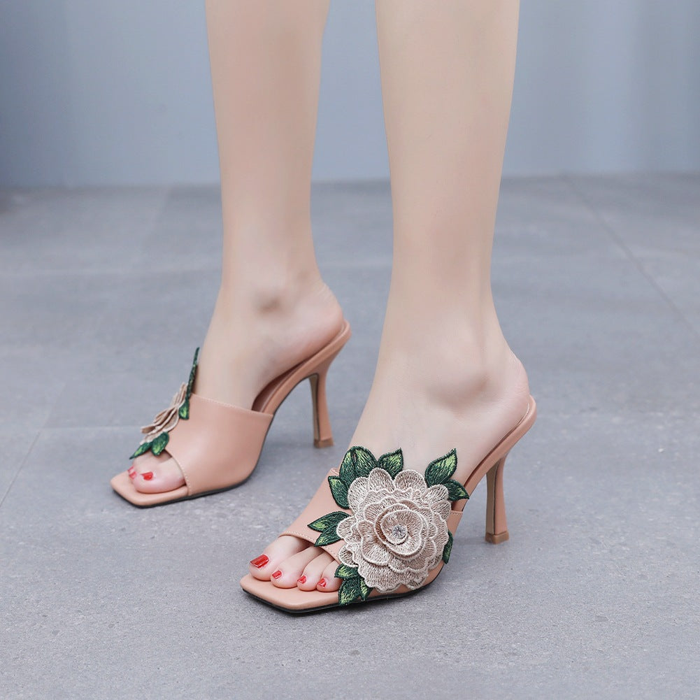 Embroidered Flower Square Toe Fish Mouth High Heeled Sandal Slippers