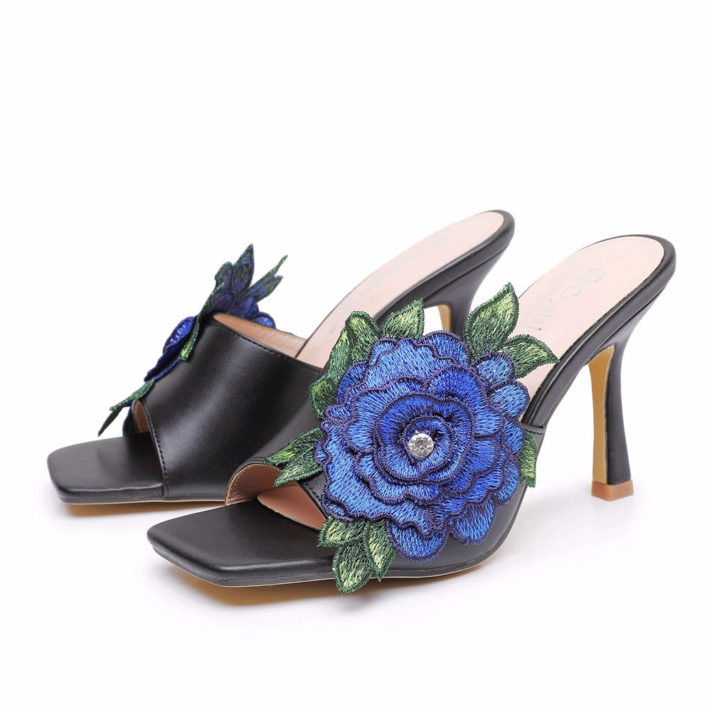 Embroidered Flower Square Toe Fish Mouth High Heeled Sandal Slippers