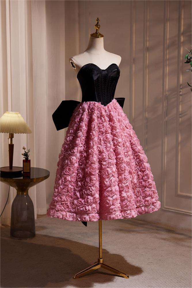 Hepburn Style Schwarz Rosa Midi Lang Fliege Blume Abendkleider