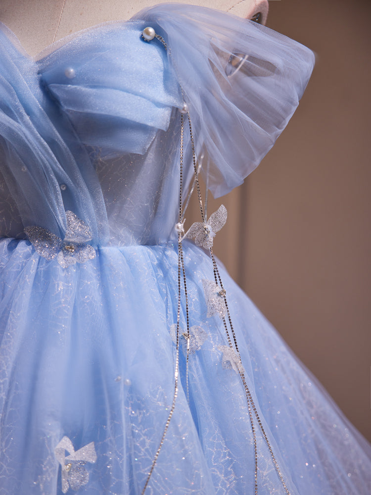 Blaue Fee schulterfrei Spitze Kurzes Ballkleid