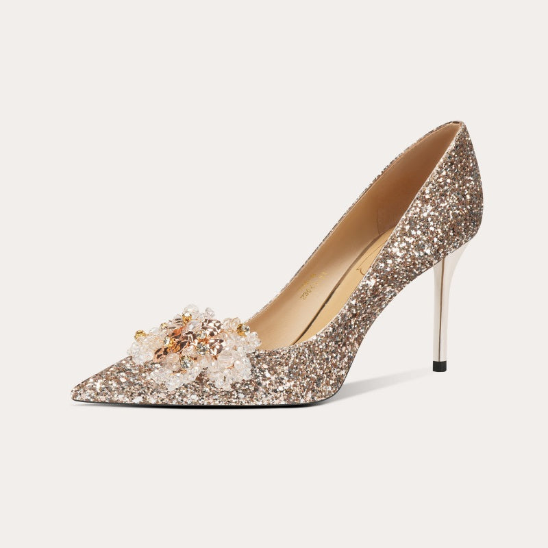 High Heels mit transparente Perlenblumen Hochzeitsschuhe