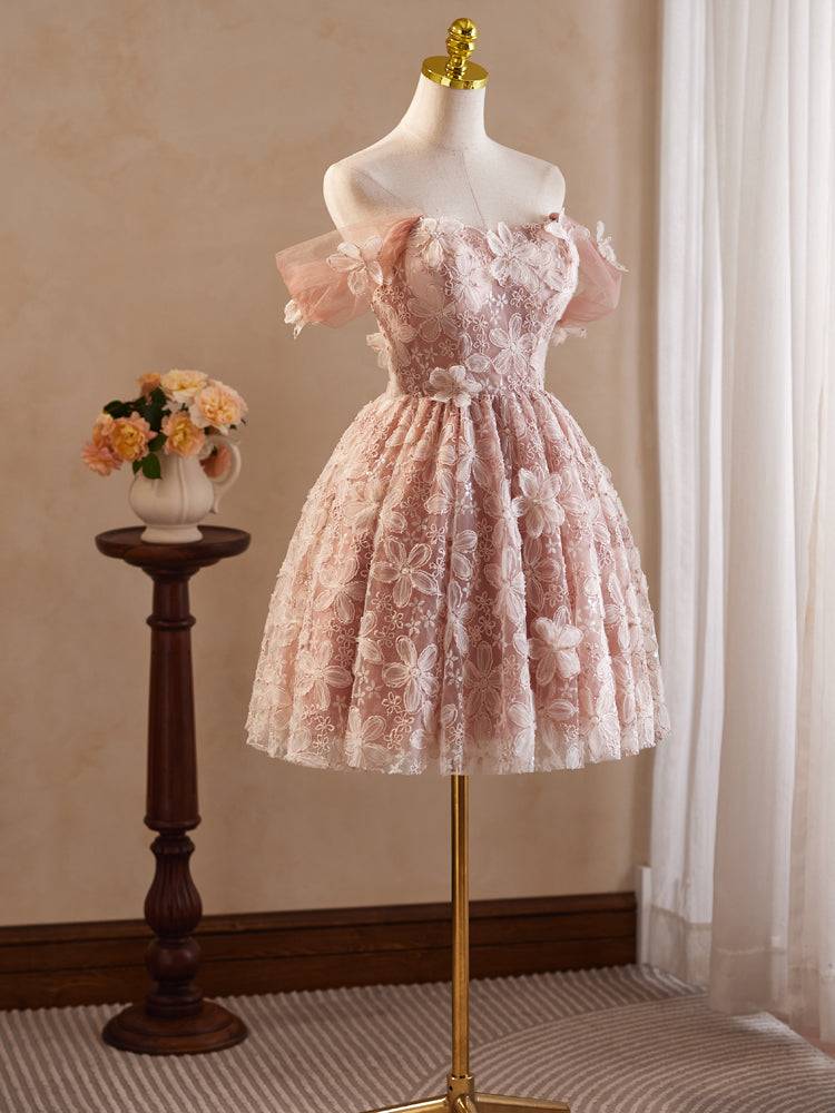 Rosa Vintage schulterfreies Ballkleid mit Blumenapplikationen