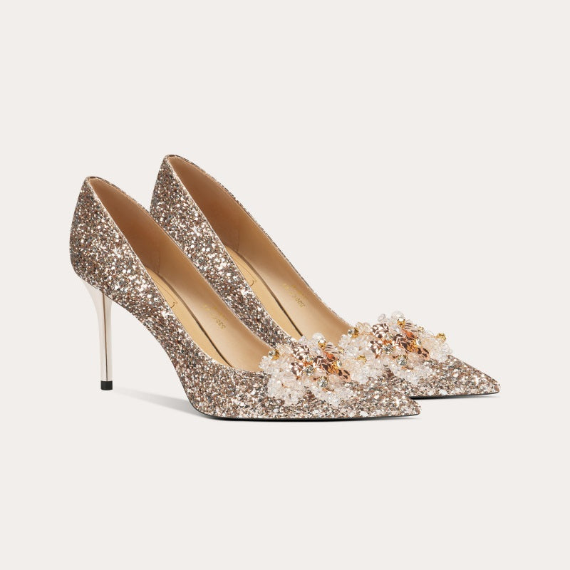 High Heels mit transparente Perlenblumen Hochzeitsschuhe