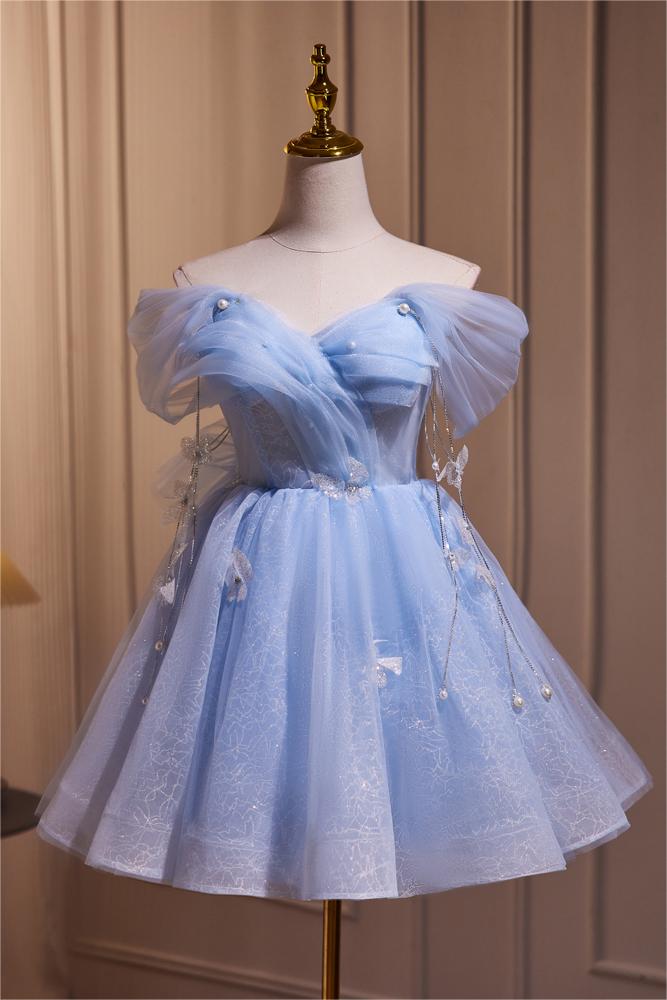 Blaue Fee schulterfrei Spitze Kurzes Ballkleid