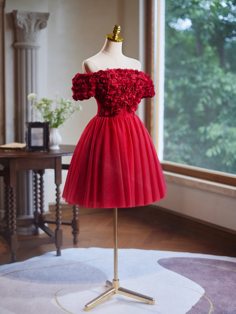 Schulterfreies Blumenmusterkleid aus Tüll Kurzes Ballkleid