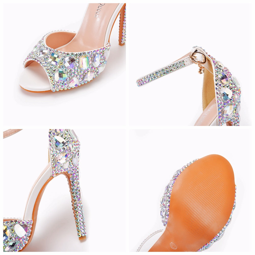 Peep Toe Große Farbige Strass Knöchelriemen Stiletto Absätze