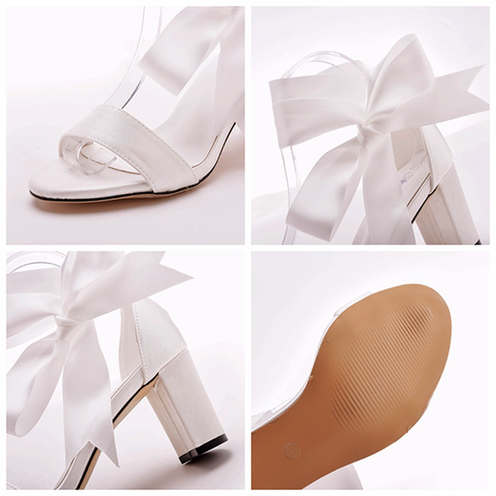 Ivory Satin Gebundene Peeptoe-Knöchelriemen-Sandalen Mit Klobigem Absatz