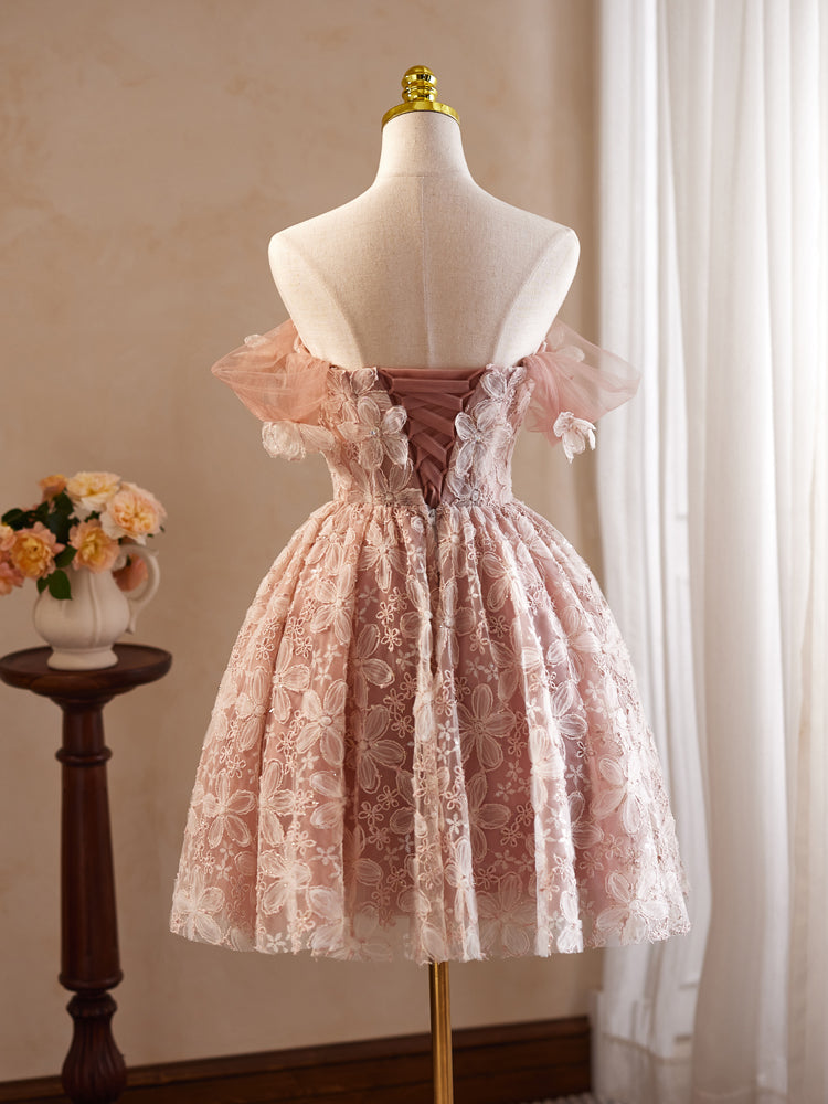 Rosa Vintage schulterfreies Ballkleid mit Blumenapplikationen