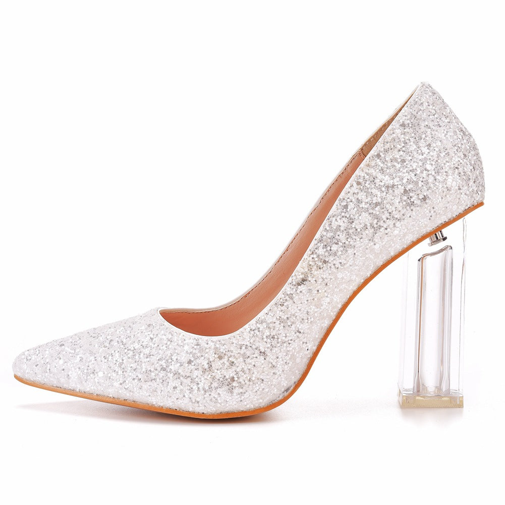 Spitz zulaufende Satin Kristall Transparent Slip On High Heels