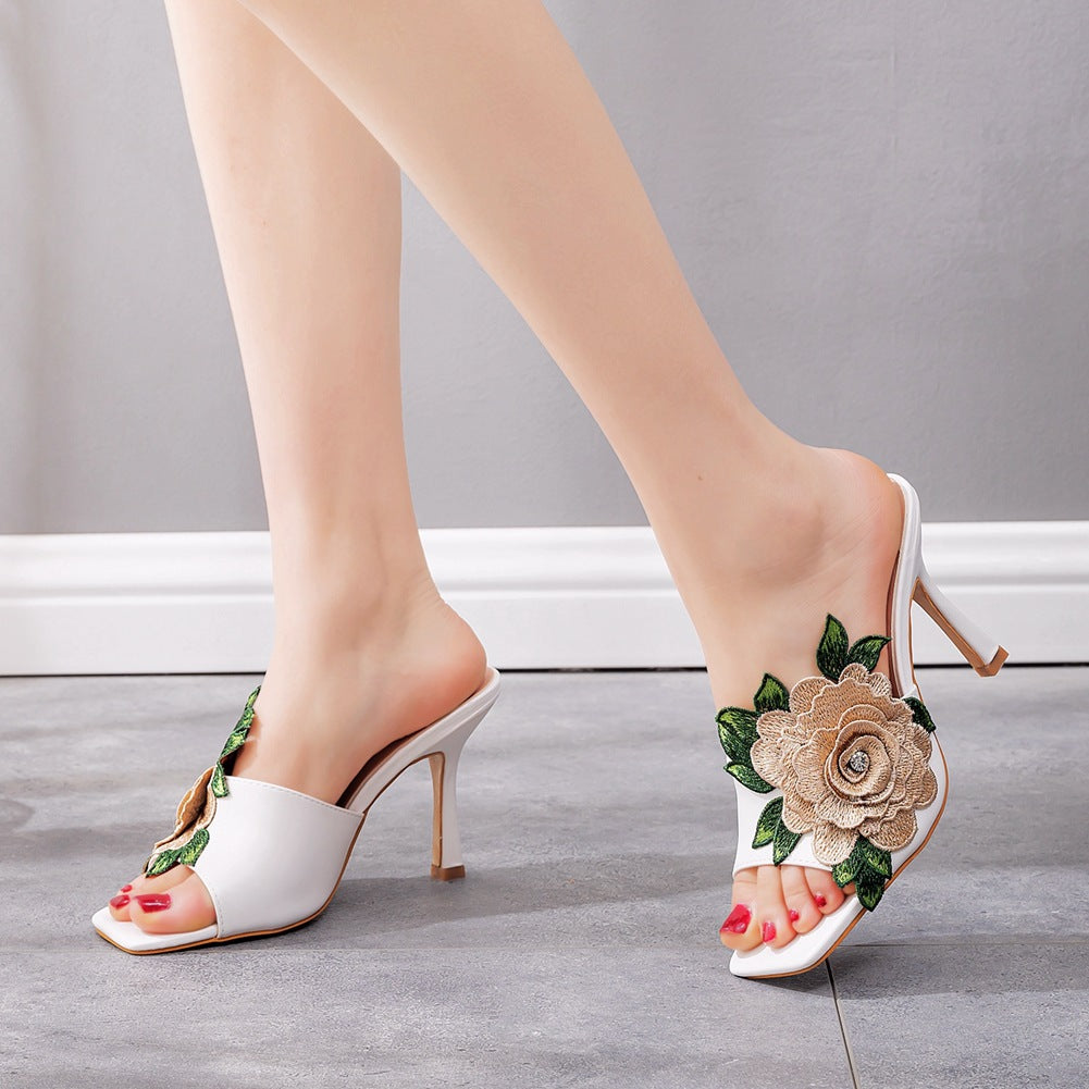 Embroidered Flower Square Toe Fish Mouth High Heeled Sandal Slippers