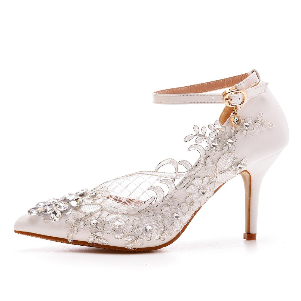 Weiße Spitze Zehen Spitze Rhinestone Knöchelriemen High Heel