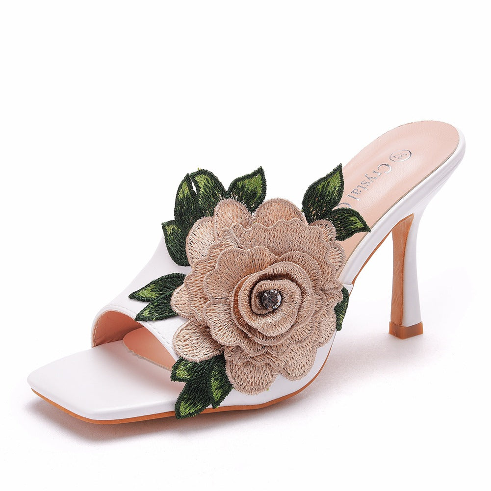 Embroidered Flower Square Toe Fish Mouth High Heeled Sandal Slippers