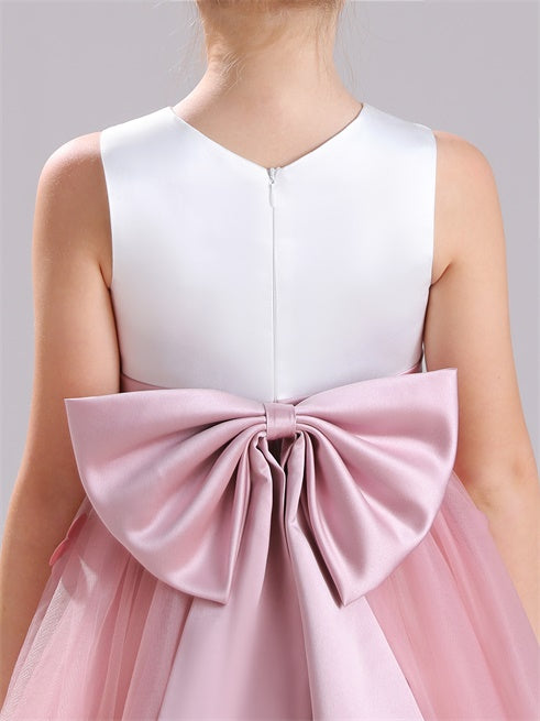 Bowknot Reißverschluss Juwel A-Linie Knielang Satin Blumenmädchen Kleid