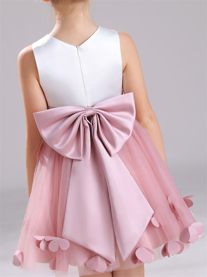 Bowknot Reißverschluss Juwel A-Linie Knielang Satin Blumenmädchen Kleid