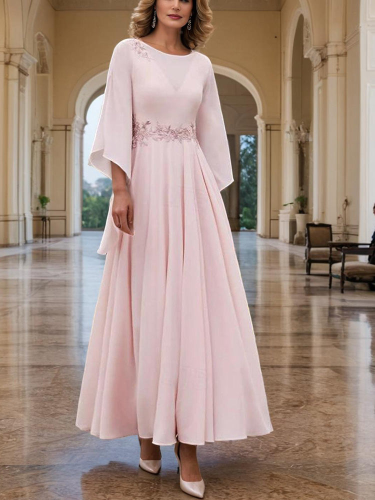 A-Linie Juwelenausschnitt 3/4 lange Ärmel mit Spitzenapplikationen Chiffon Mutter der Braut Kleid