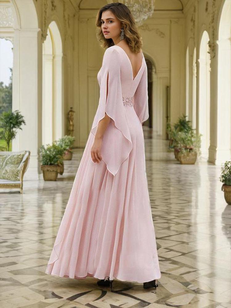 A-Linie Juwelenausschnitt 3/4 lange Ärmel mit Spitzenapplikationen Chiffon Mutter der Braut Kleid