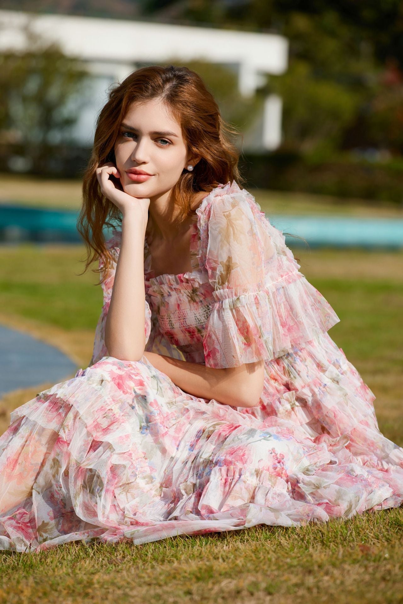 Flowy Halbe Ärmel Floral Ruffle Tulle Layered Hochzeit Gastkleider