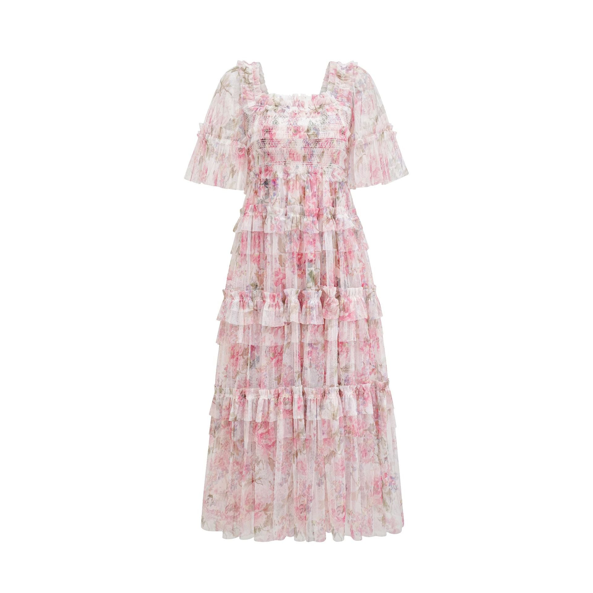 Flowy Halbe Ärmel Floral Ruffle Tulle Layered Brautjungfernkleider