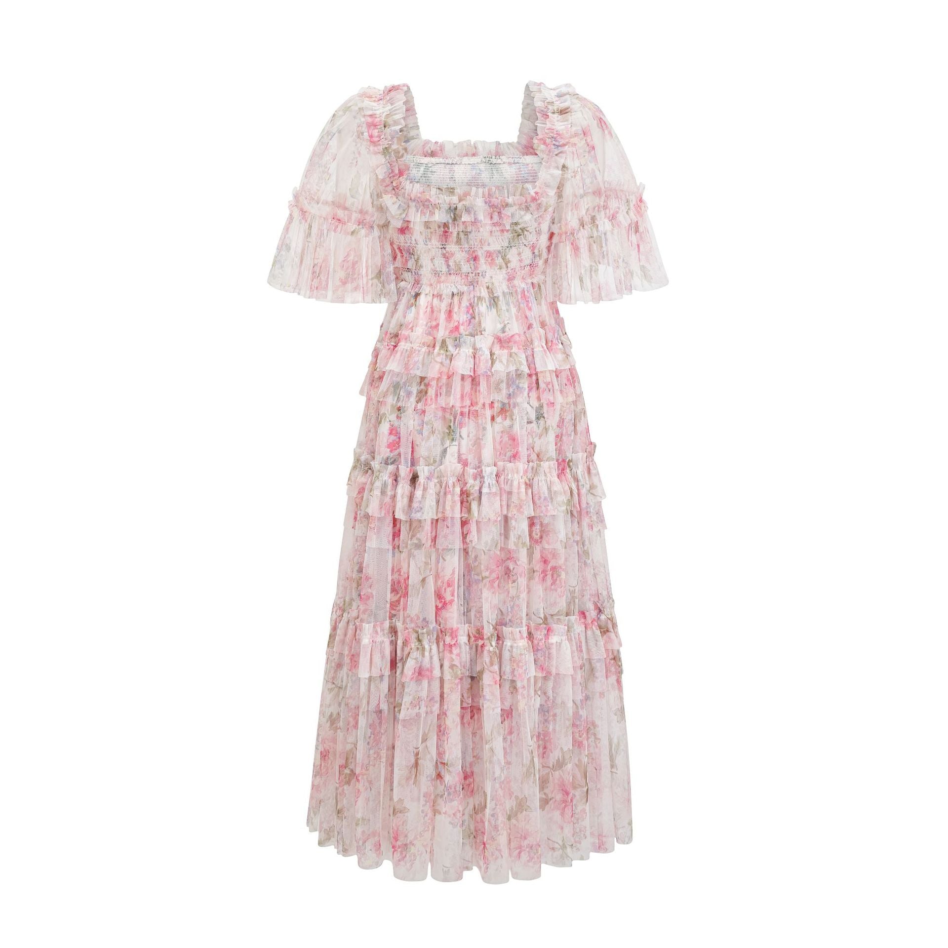 Flowy Halbe Ärmel Floral Ruffle Tulle Layered Brautjungfernkleider