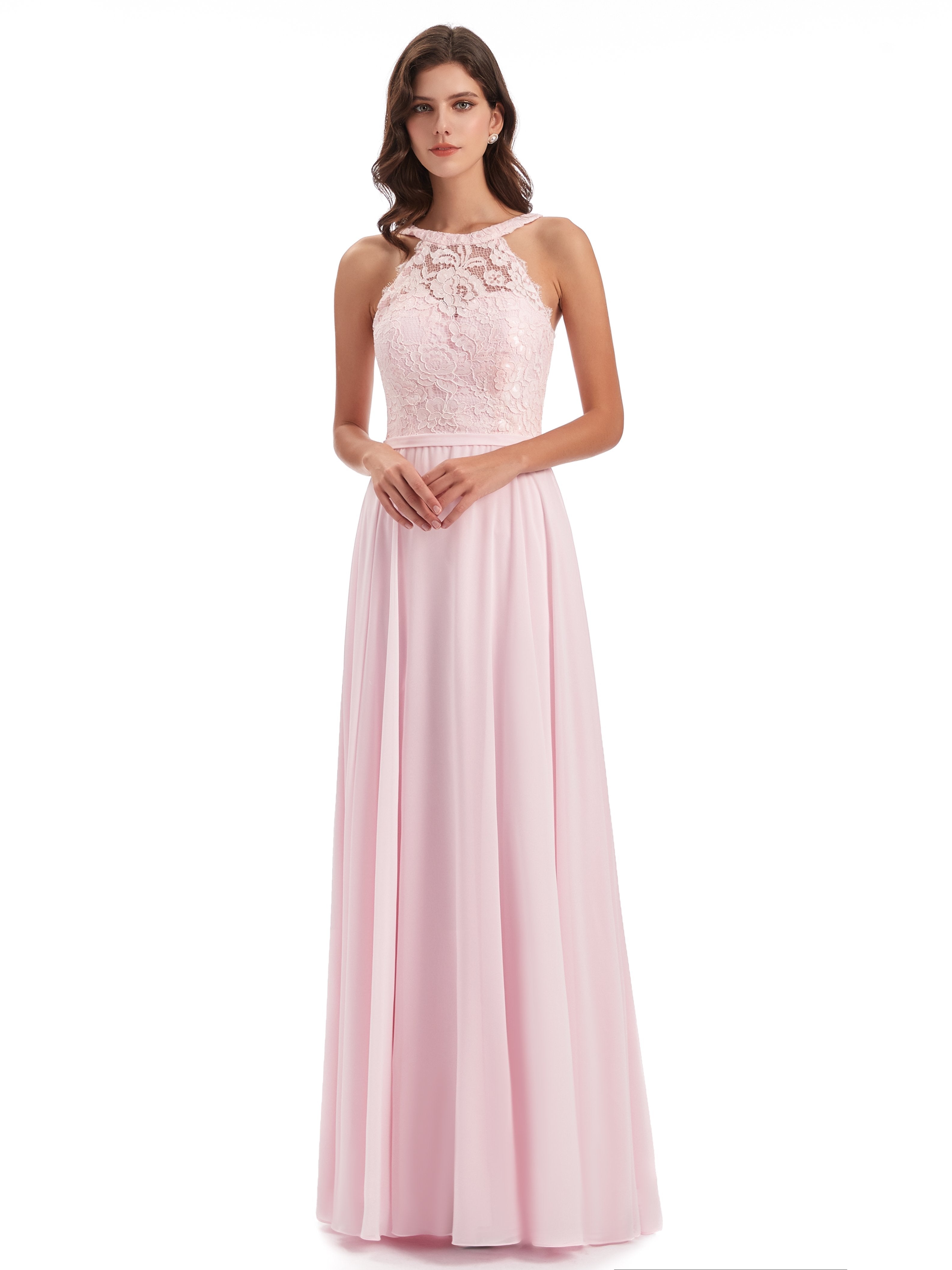 Avery A-Linie Bodenlange Nackenträger Illusion Chiffon/Spitze Lange Brautjungfernkleider