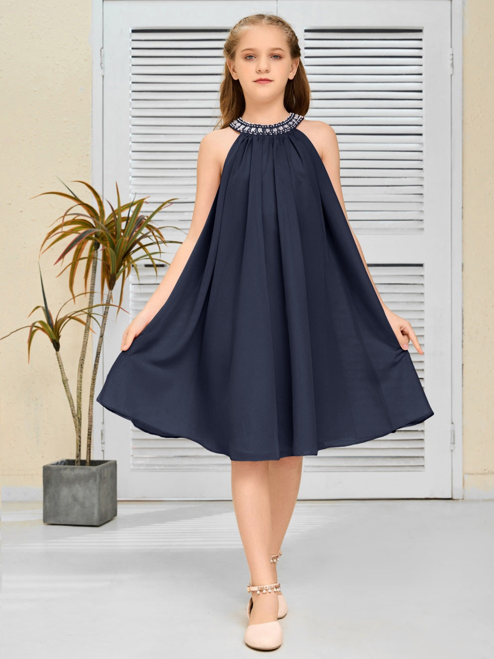 Modisches Hängekragen Chiffon Junior Brautjungfernkleid