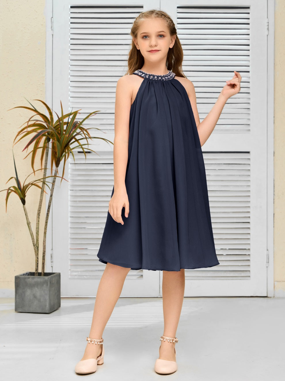 Modisches Hängekragen Chiffon Junior Brautjungfernkleid